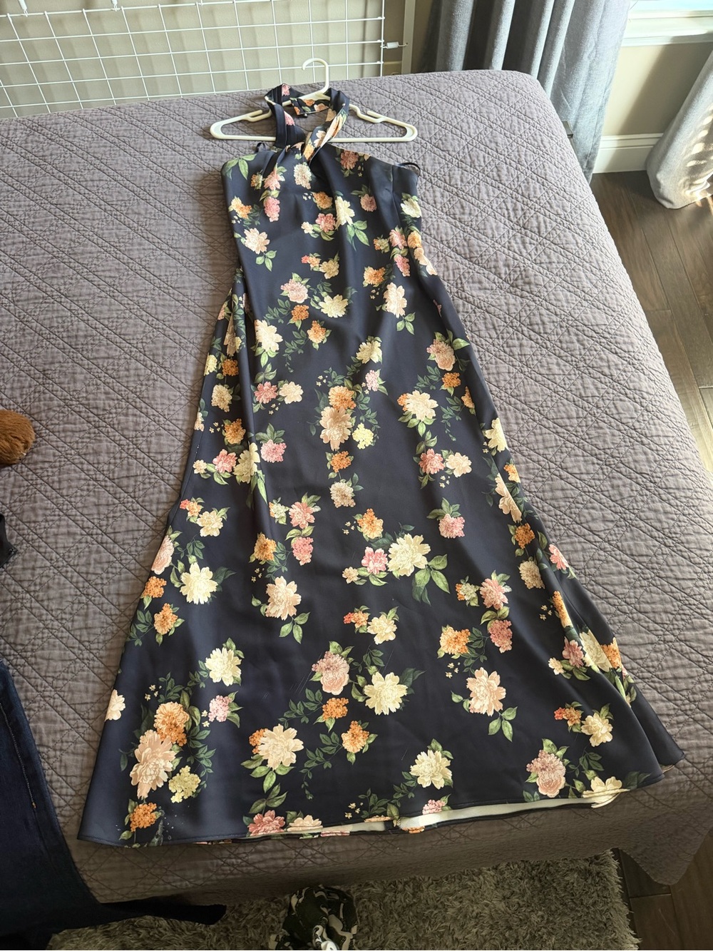 Anthropologie Blue Floral Halter Dress Top with Yellow & Pink Blooms - Picture 3 of 3